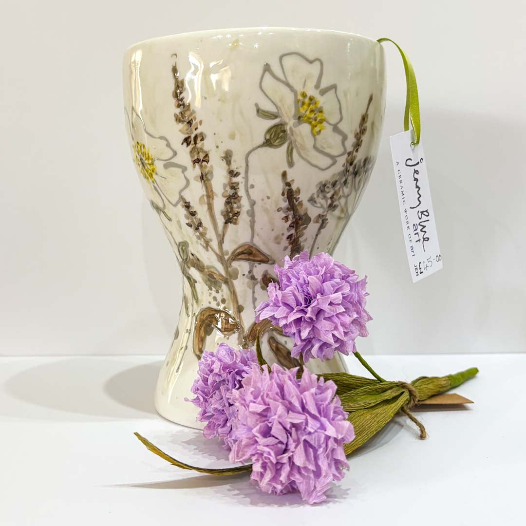 Hand Painted White Flower Vase - Jenny Blue Art_Just Makers