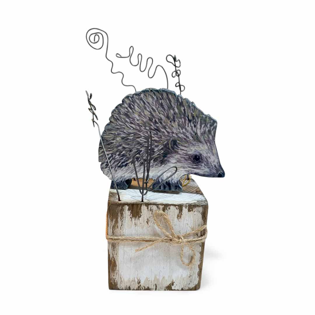 Hand Painted Wooden Hedgehog and Wire Stalks on Stand - Jenny Blue Art - Just Makers Jenny Blue Art