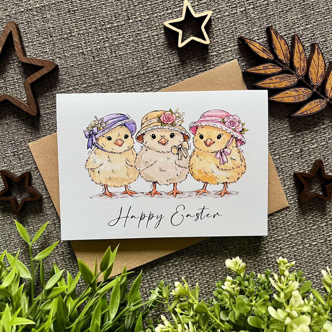 Easter card with chicks wearing hats on a textured surface with decorative elements.