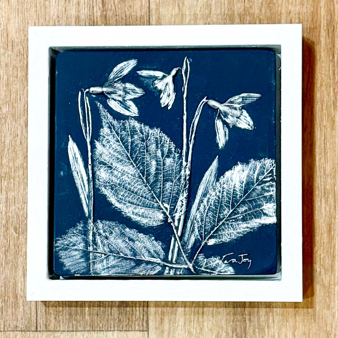 Deep Blue and Silver Snowdrop Botanical Cast in White Frame - Tara Joy
