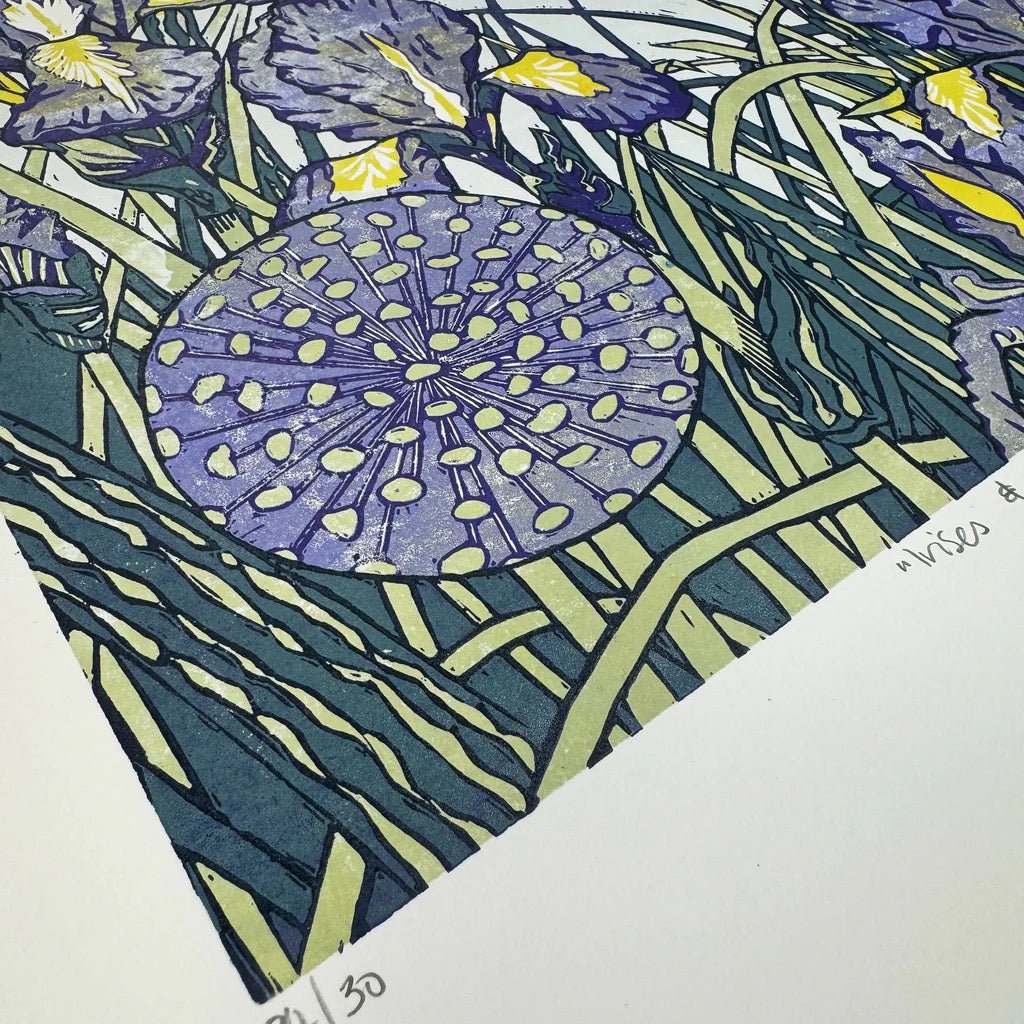 Irises and Alliums Linocut Unframed Print - Just Makers Rachel Knowles