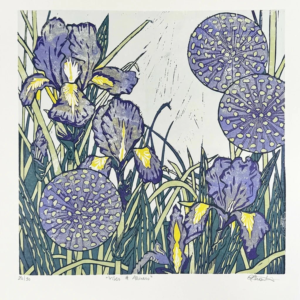 Irises and Alliums Linocut Unframed Print - Just Makers Rachel Knowles