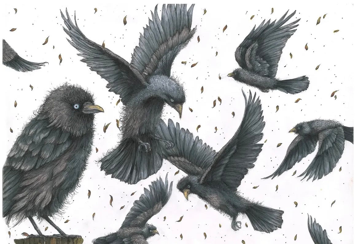A detailed illustration of several blackbirds and crows in flight and perched poses, rendered in dark gray and black feathers with small yellow beaks, on a white background with scattered brown leaf-like specks.