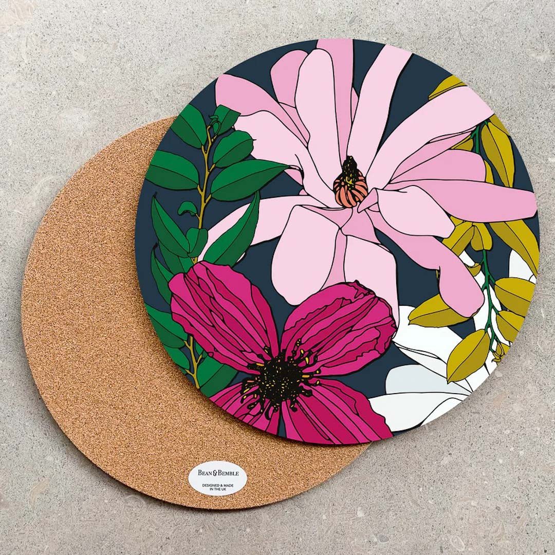 Large Round Serving Pizza Board Vivid Garden Blooms Navy - Just Makers Bean and Bemble