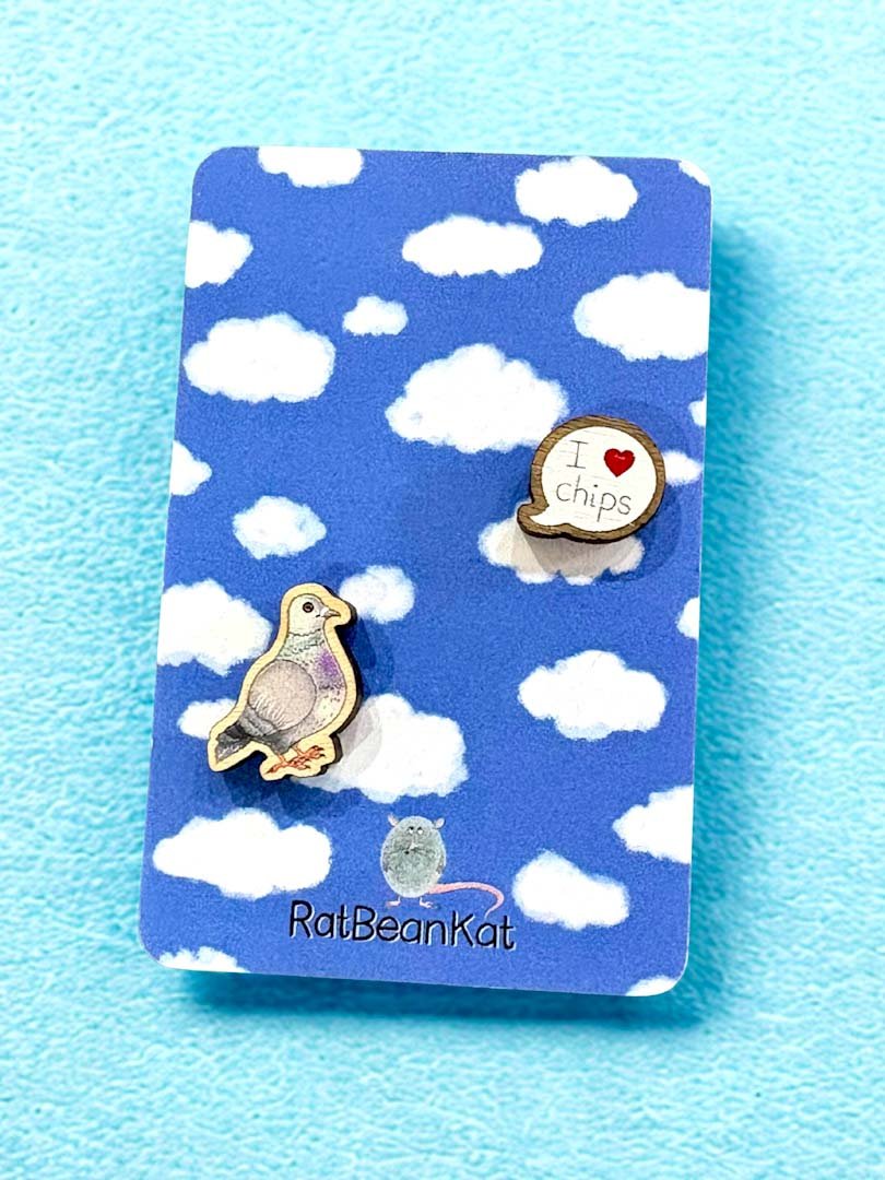 Little Pigeon Loves Chips Wooden Earrings - Rat Bean Kat - Just Makers Rat Bean Kat