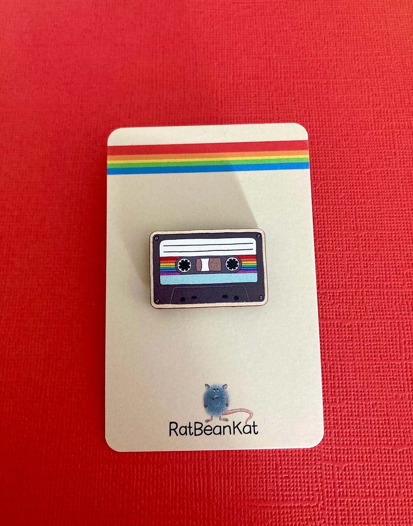 Little Wooden Cassette Tape Pin Badge - Rat Bean Kat - Just Makers Rat Bean Kat