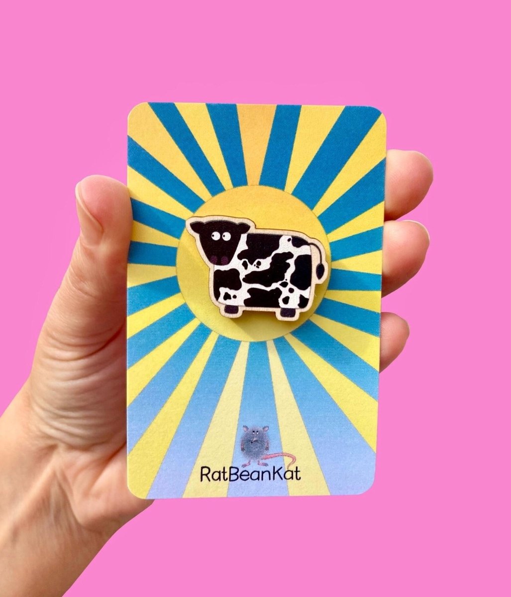 Little Wooden Cow Pin Badge - Rat Bean Kat - Just Makers Rat Bean Kat