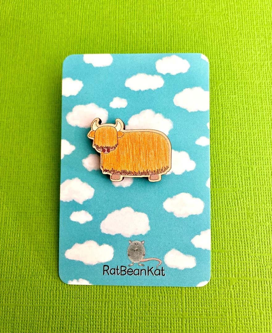 Little Wooden Highland Cow Pin Badge - Rat Bean Kat - Just Makers Rat Bean Kat
