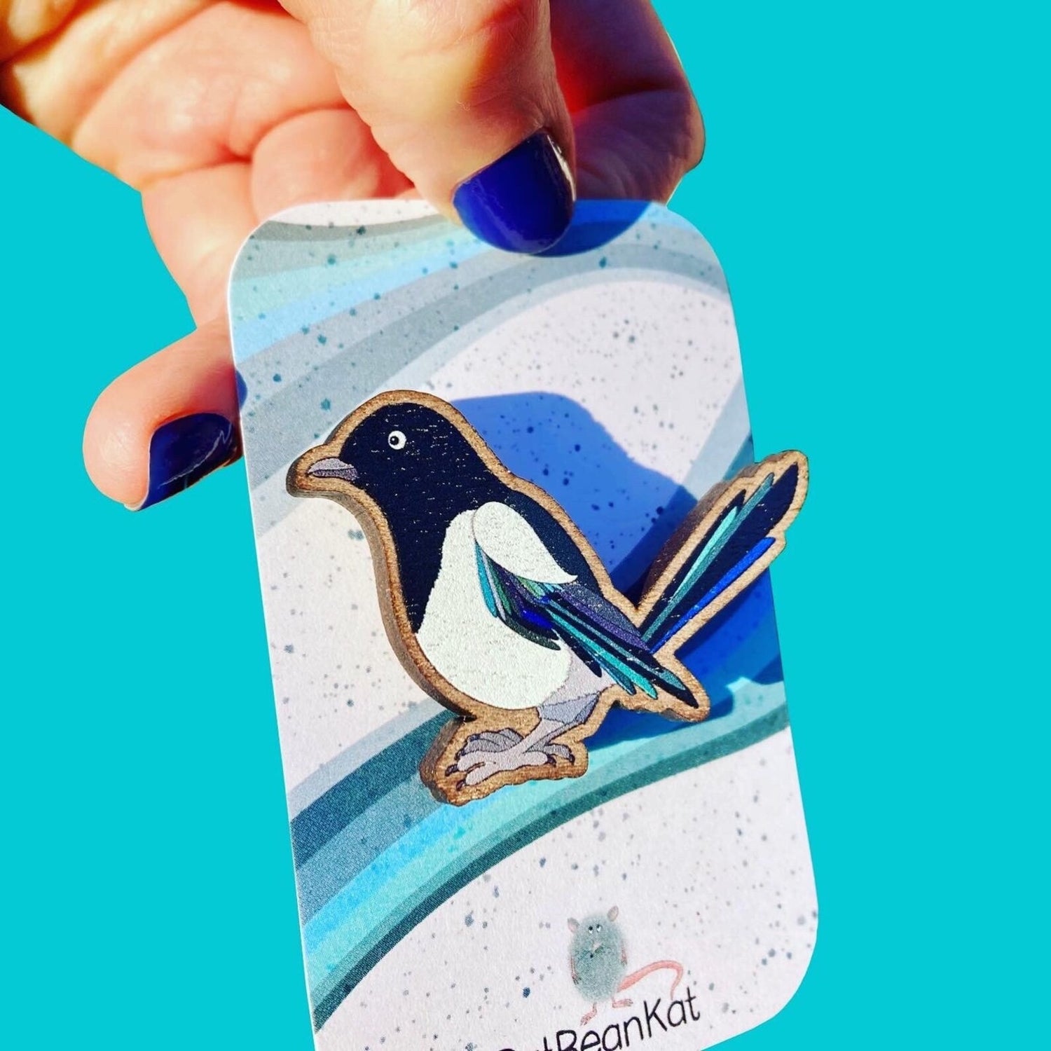 Little Wooden Magpie Brooch - Rat Bean Kat_Just Makers