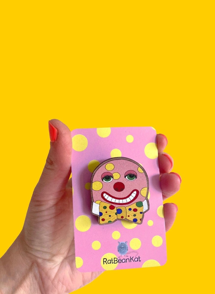 Wooden Mr Blobby Brooch - Rat Bean Kat - Just Makers Rat Bean Kat
