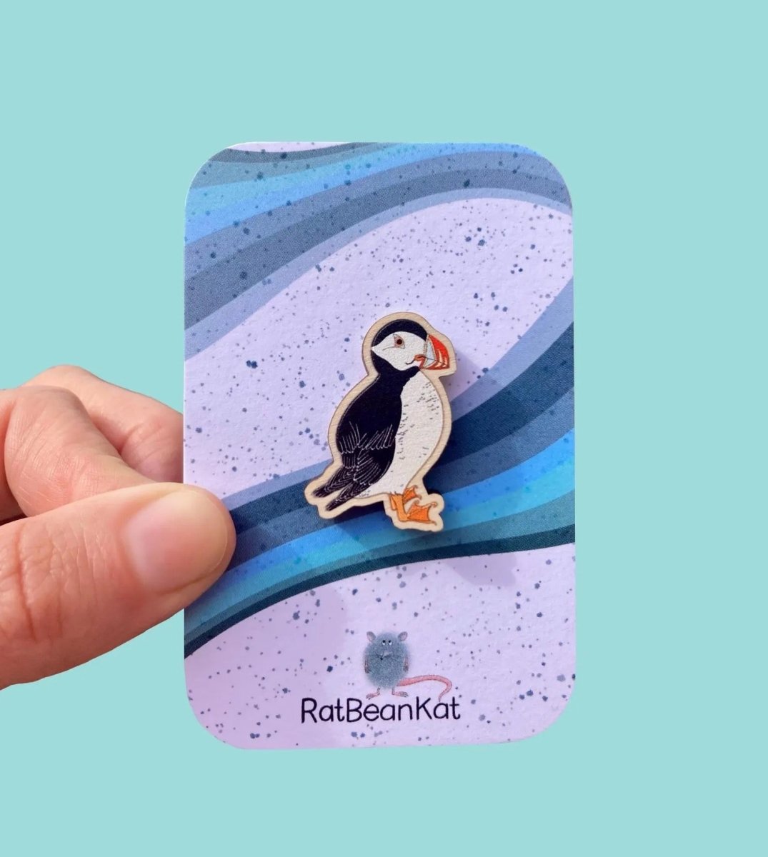 Little Wooden Puffin Pin Badge - Rat Bean Kat - Just Makers Rat Bean Kat