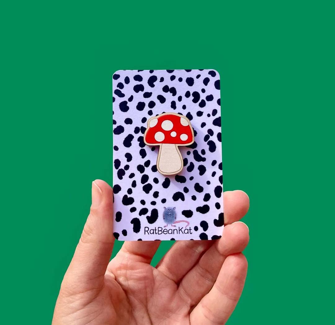 Little Wooden Toadstool Pin Badge - Rat Bean Kat - Just Makers Rat Bean Kat