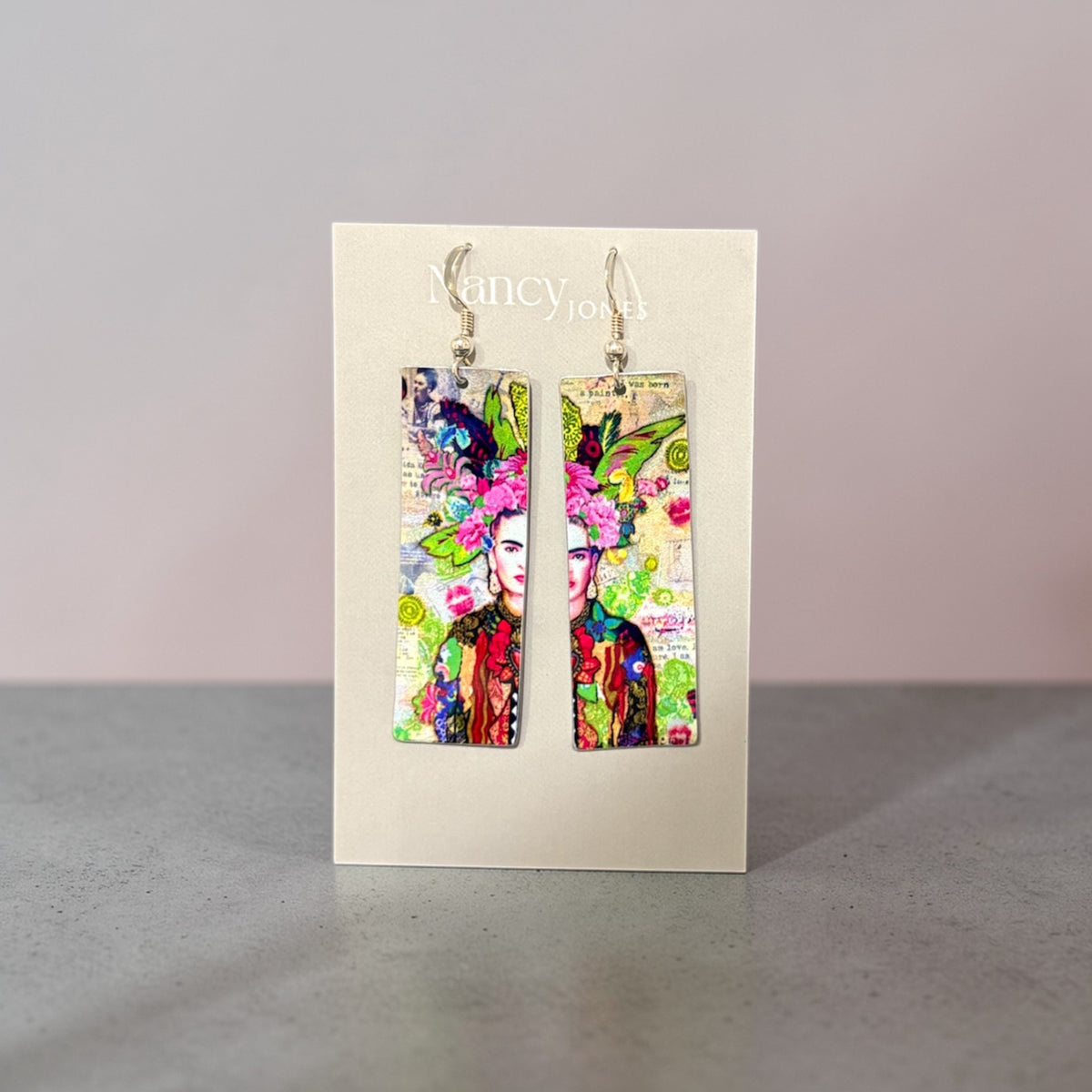 Long Pink Kahlo Art Earrings - Nancy Jones - Just Makers Nancy Jones Jewellery