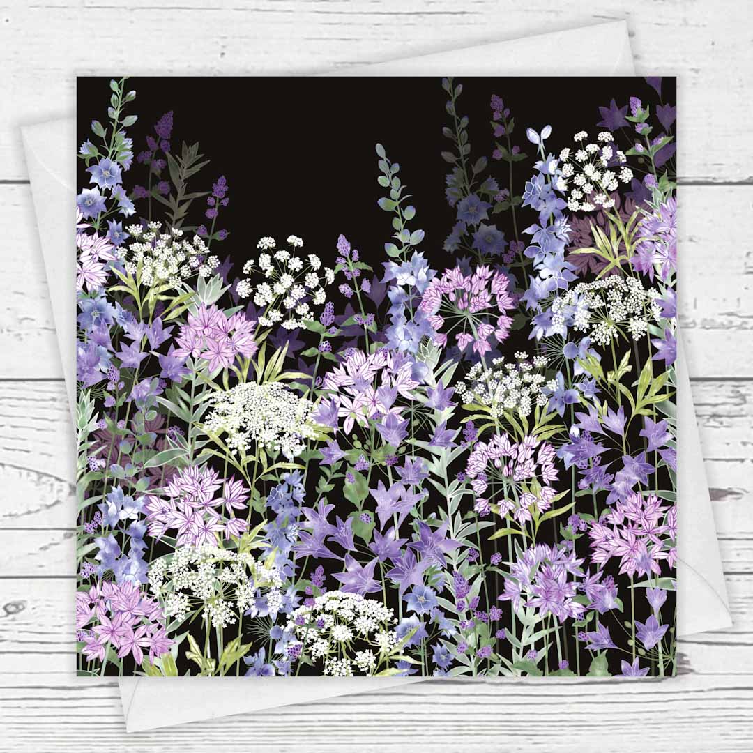 Midnight Floral Symphony Greeting Card by Fiona Calder_Just Makers