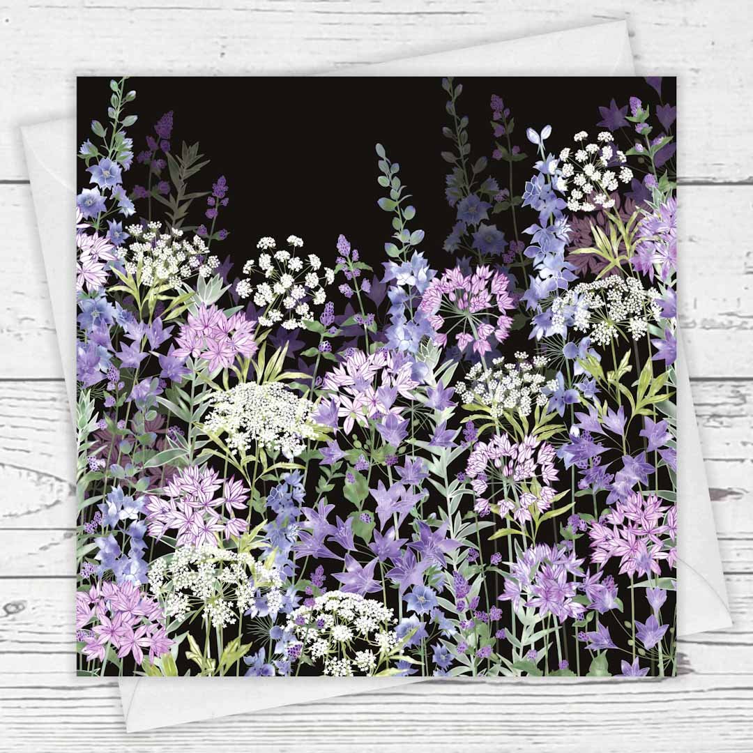 Midnight Floral Symphony Greeting Card by Fiona Calder - Just Makers Fiona Calder Designs