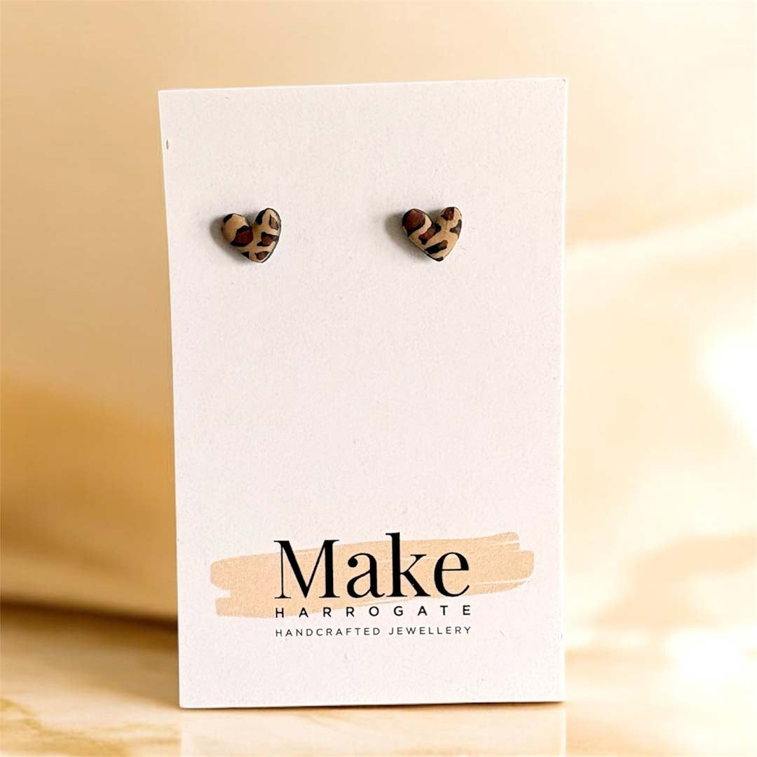 Mini Heart Studs - Tan Leopard - Make Harrogate_Just Makers