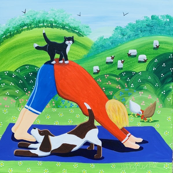 Colourful painting of a person on a yoga mat with animals and a cat, set against a pastoral landscape_Nikky Corker_Just Makers