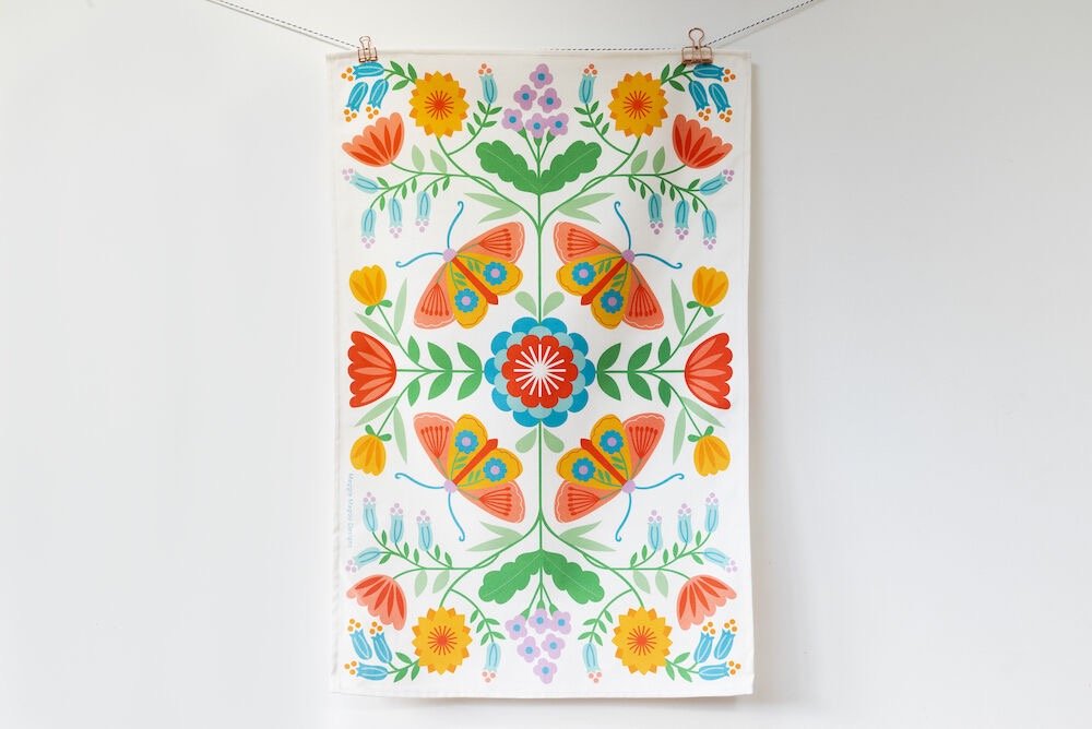Moth and Floral White Tea Towel Maggie Magoo Designs - Just Makers Maggie Magoo Designs