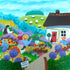 Colorful painting of a garden scene with a house and people tending to plants_Nikky Corker_Just Makers