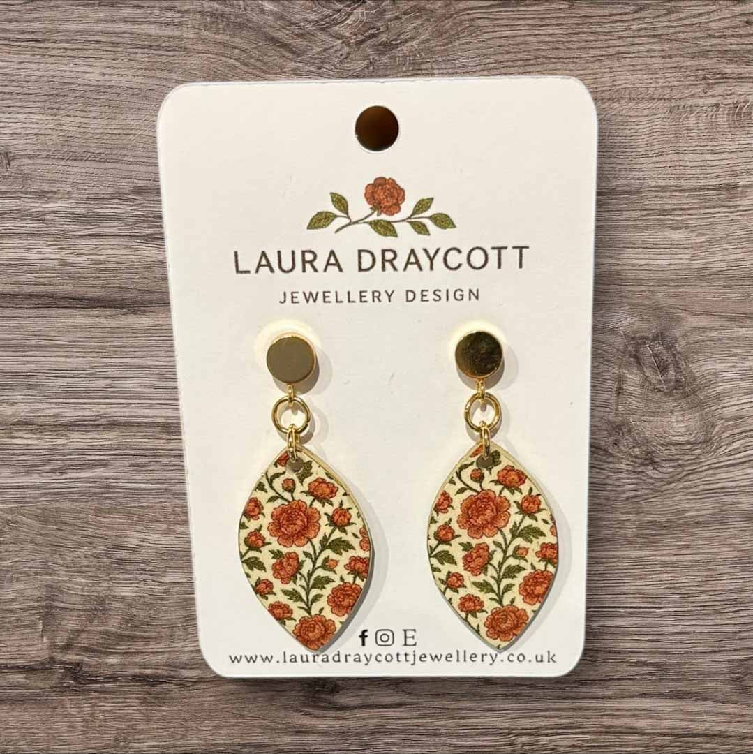 Pink Flowers Tear Drop Wooden Earrings - Laura Draycott - Just Makers Laura Draycott