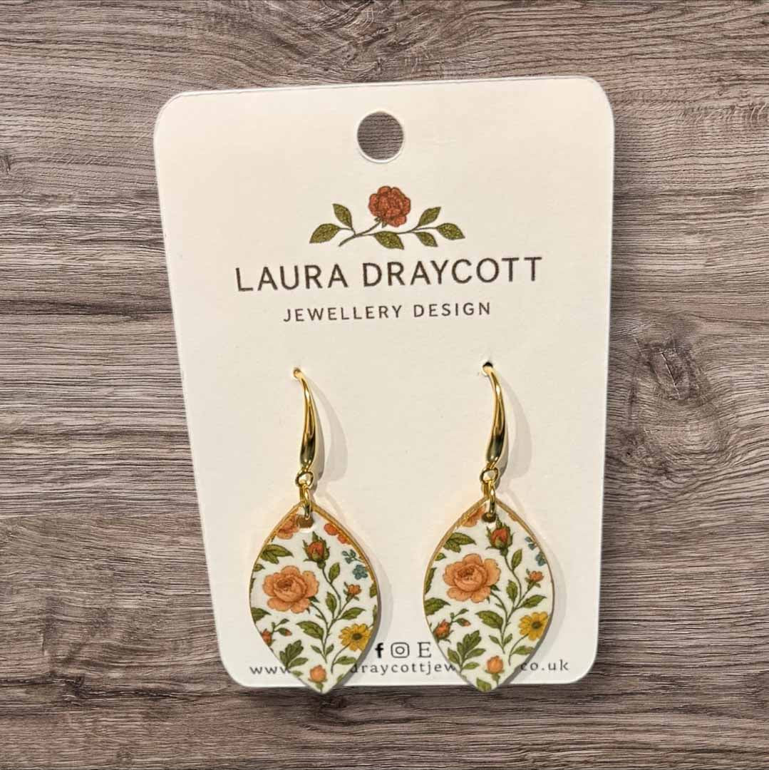 Pink Rose Tear Drop Wooden Earrings - Laura Draycott - Just Makers Laura Draycott