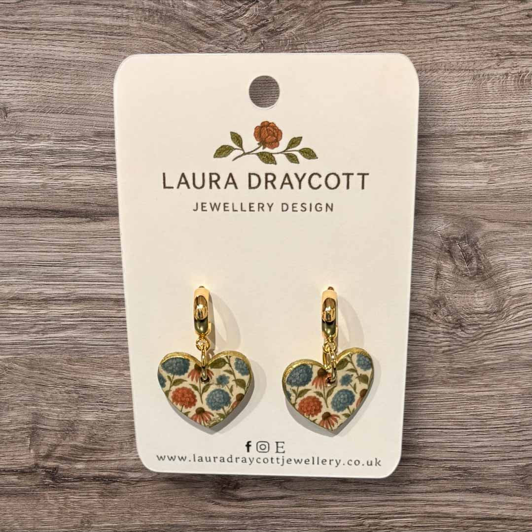 Pink and Blue Floral Heart Drop Earrings - Laura Draycott - Just Makers Laura Draycott