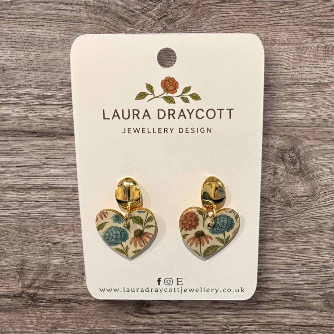 Pink and Blue Floral Heart Drop Earrings - Laura Draycott - Just Makers Laura Draycott
