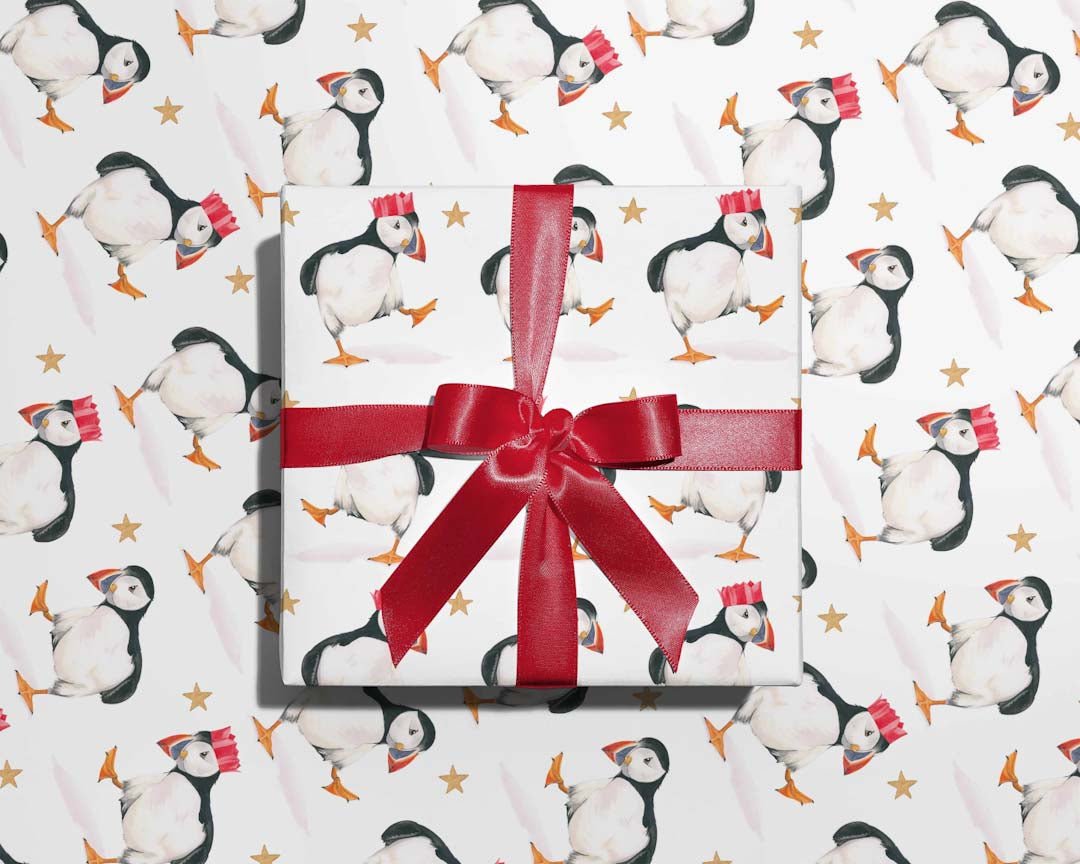 Puffins Christmas Wrapping Paper - Just Makers Antonia Illustration