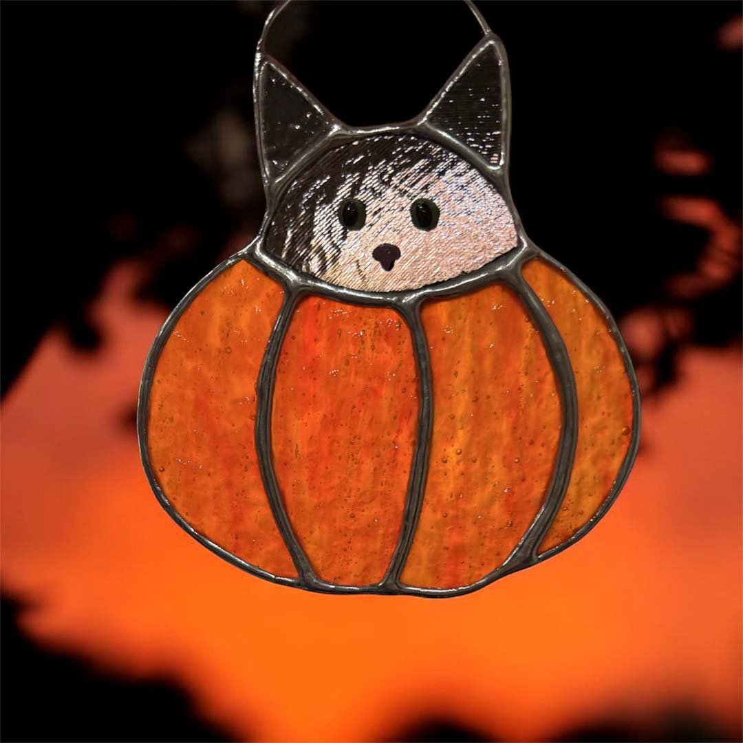 Pumpkin Cat Stained Glass Hanging Decoration - Dragonfly Glass Art - Just Makers Dragonfly Glass Art