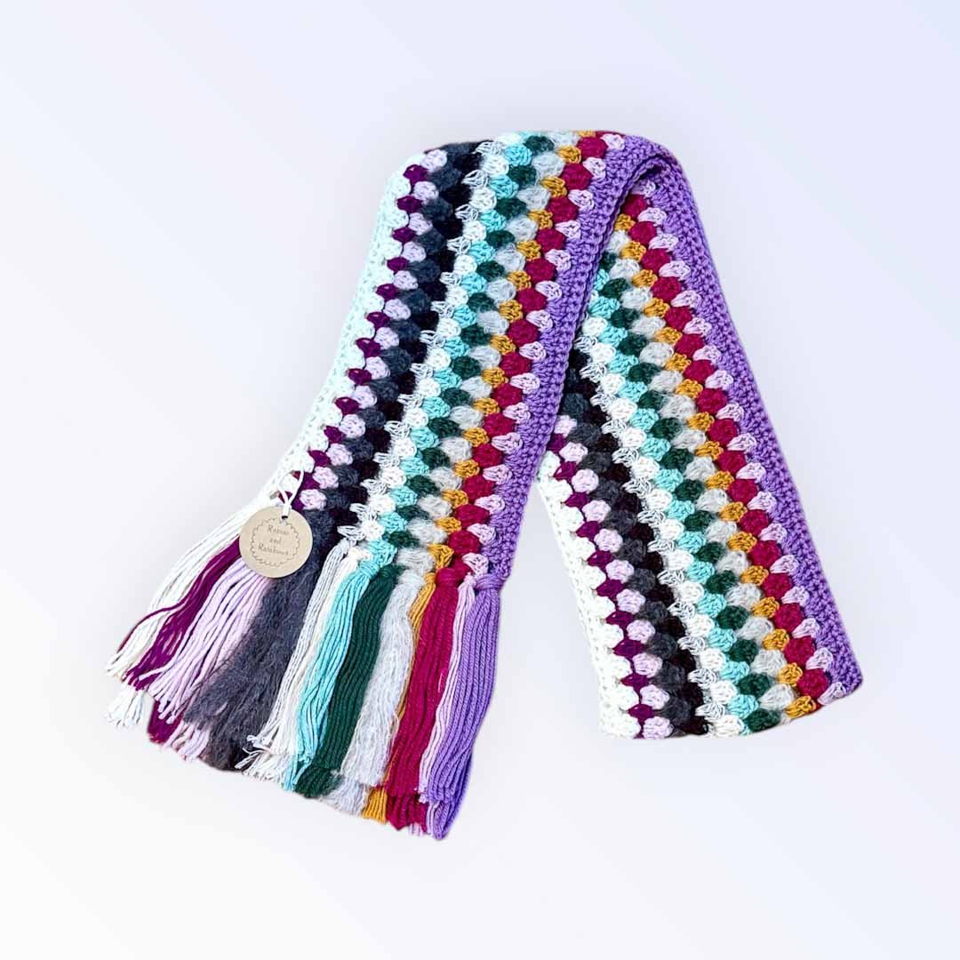 Purple, Pink and Green Crocheted Scarf - Robins and Rainbows - Just Makers Robins and Rainbows