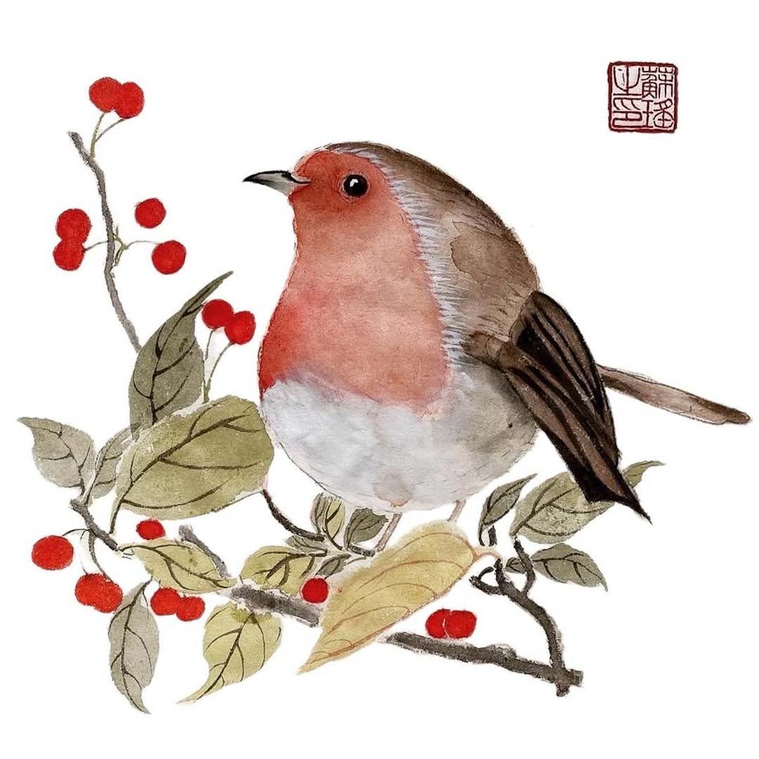 Robin on a Crabapple Tree Greeting Card - Su Yao - Just Makers Su Yao Wukong China Art Craft
