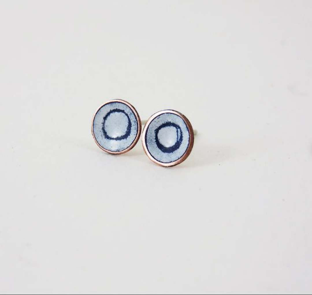Round Copper Stud Earrings with Blue and White Enamel by 830 Degrees_Just Makers