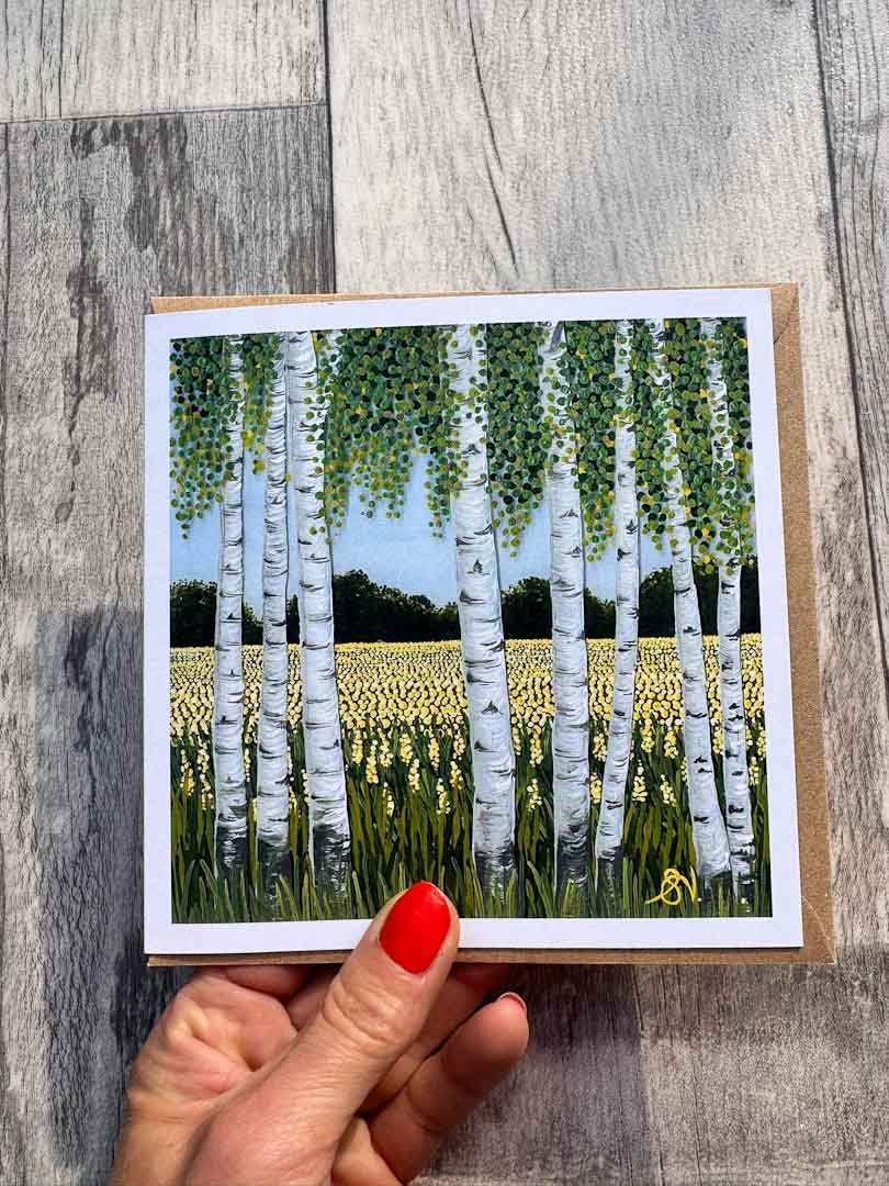 Silver Birch Across Rapeseed Greeting Card - Sarah Jane Nicholls - Just Makers Sarah Jane Nicholls
