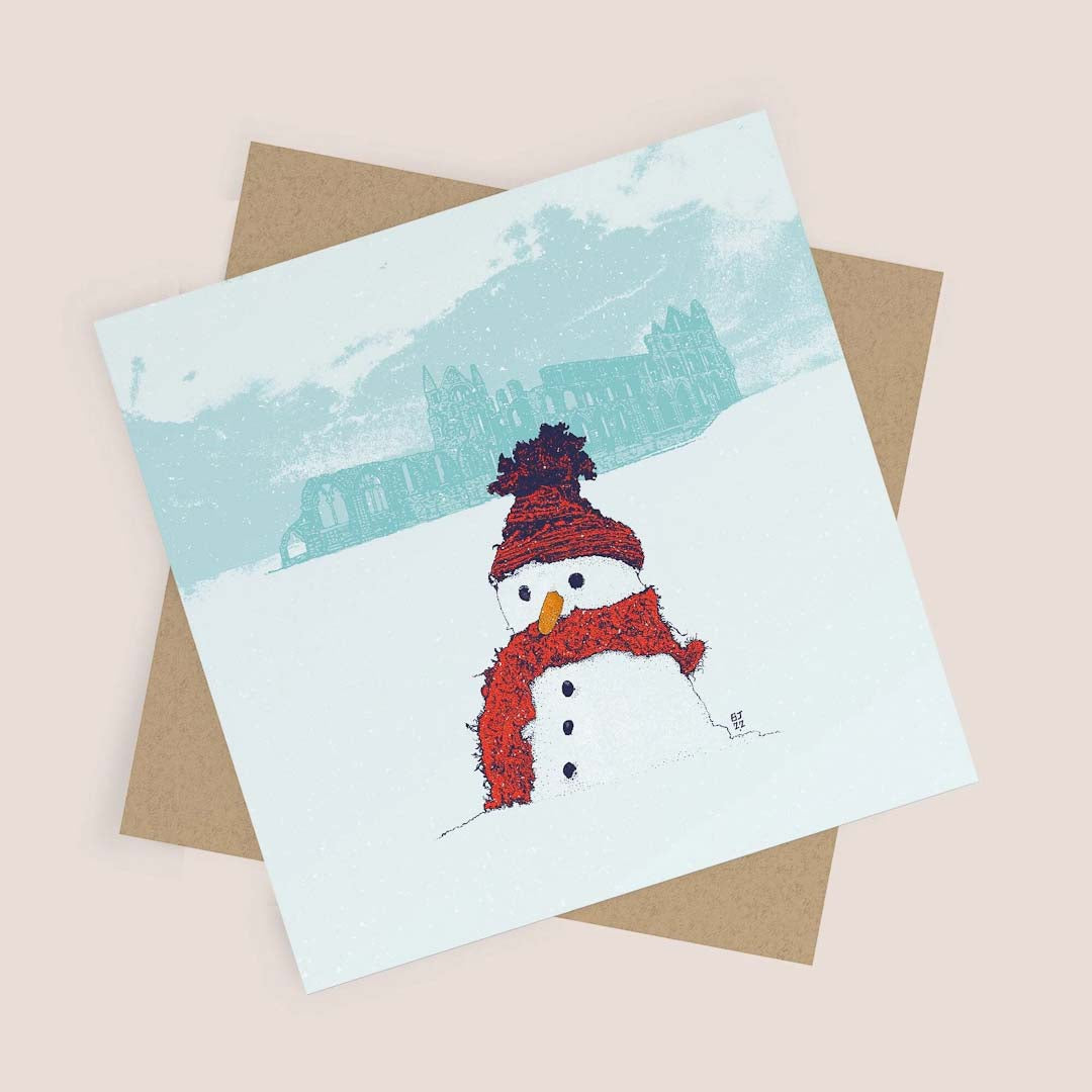 Snowman and Whitby Abbey Greeting Card - Bejojo Art_Just Makers