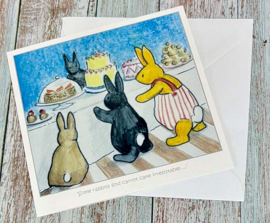 Some Rabbits Find Carrot Cake Irresistable Card - Jeanne Mundy - Just Makers Jeanne Mundy