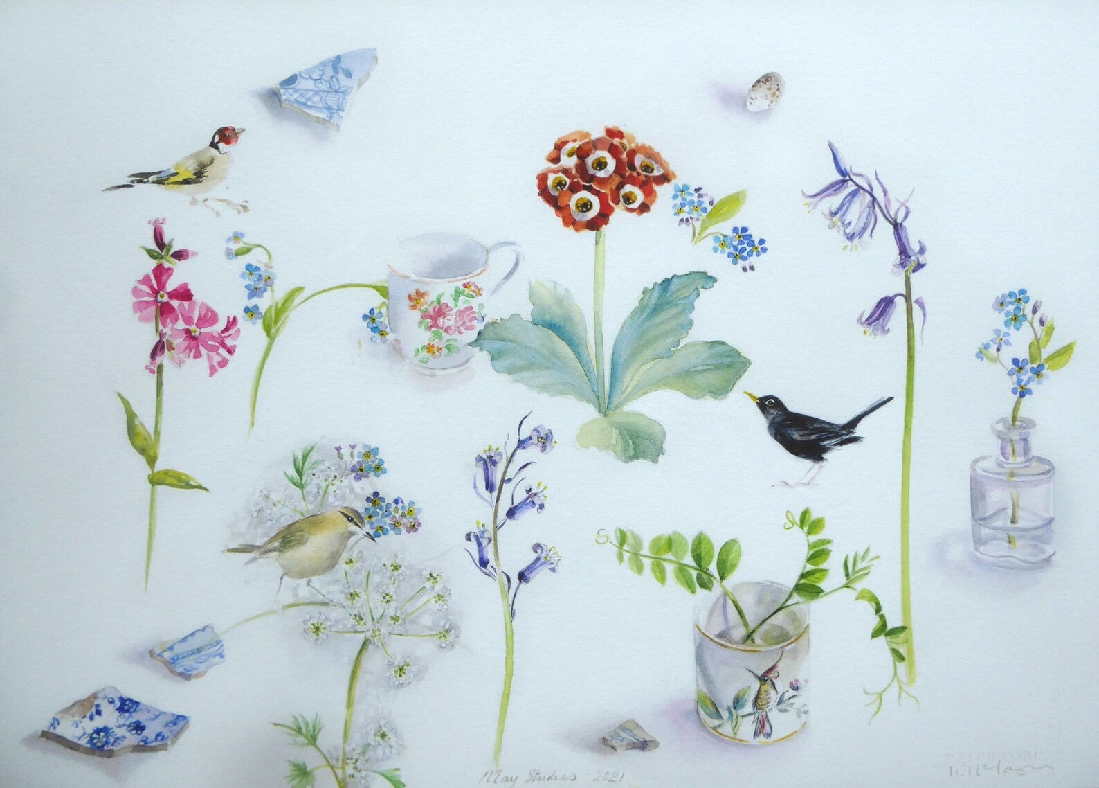 Artistic depiction of flowers, birds, and decorative elements on a white background_Just Makers