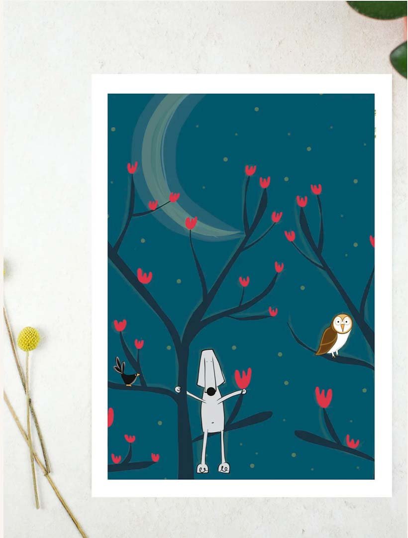 Sprocket and the Night Owl A4 Print - Sarah Westwood Illustrator - Just Makers Sarah Westwood Illustrator