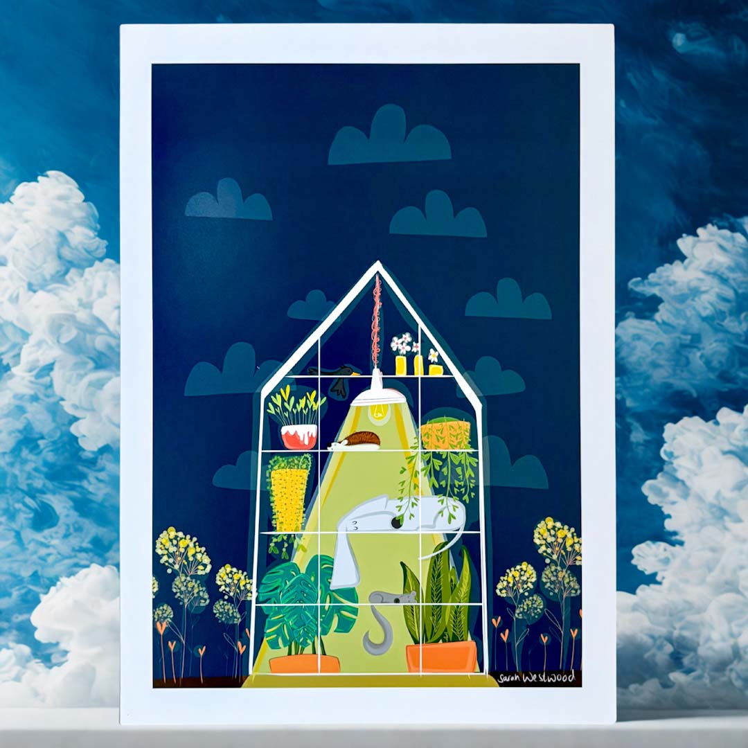 Sprocket in the Greenhouse A4 Print - Sarah Westwood Illustrator_Just Makers