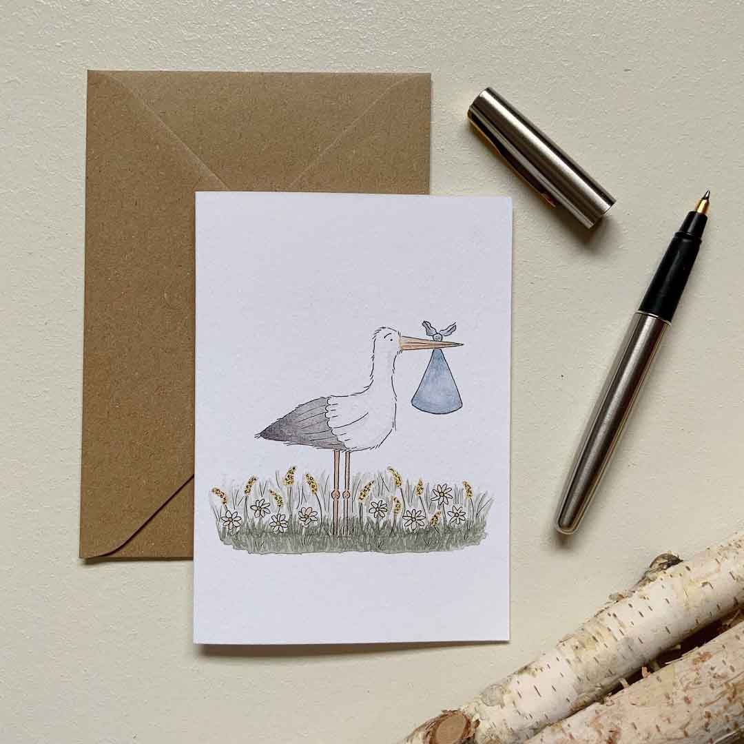 Stork Special Delivery Baby Boy Card - Bramble Wood and Co - Just Makers Bramble Wood & Co