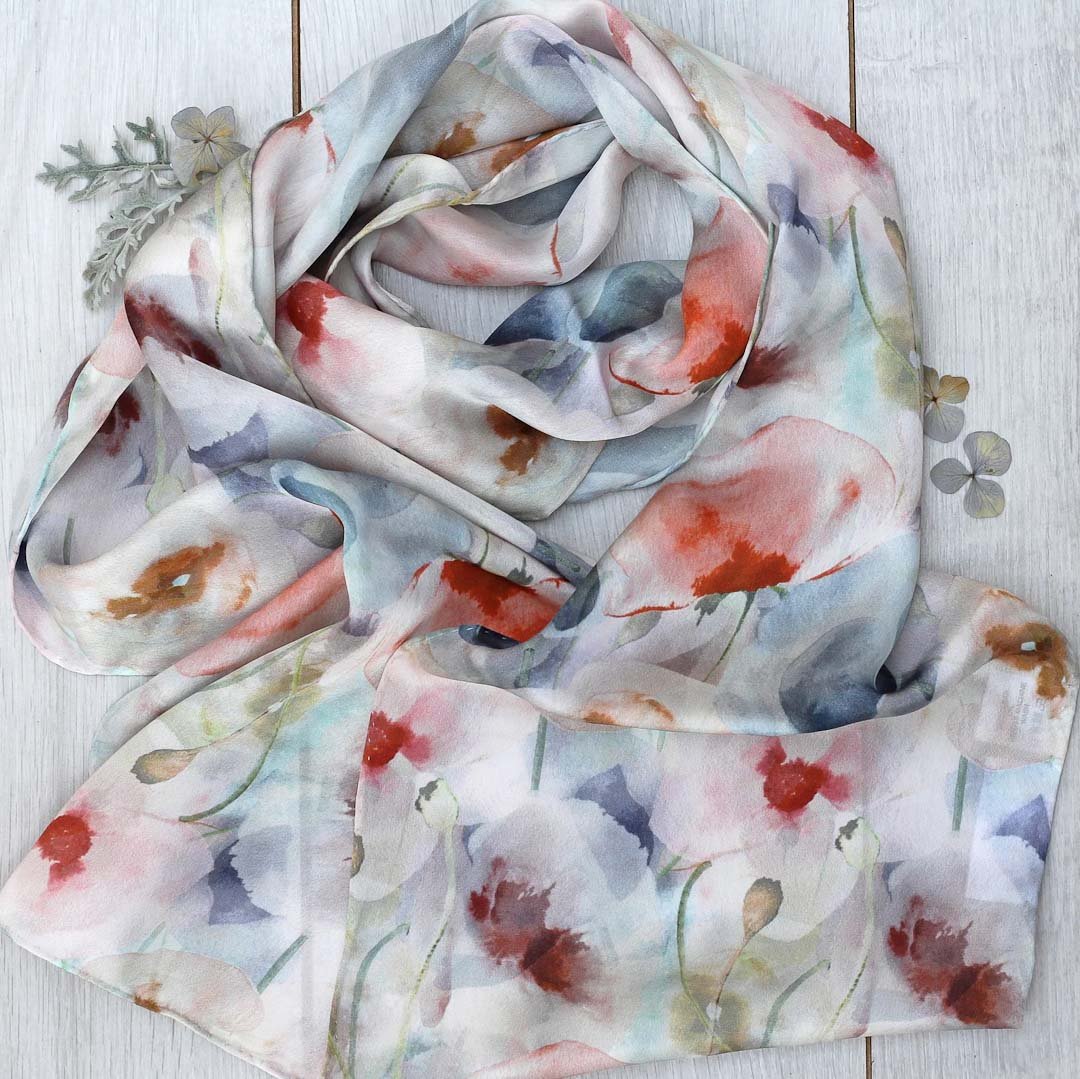 Summer Poppies Print - Large Square Silk Scarf - Just Makers Pattern Passion