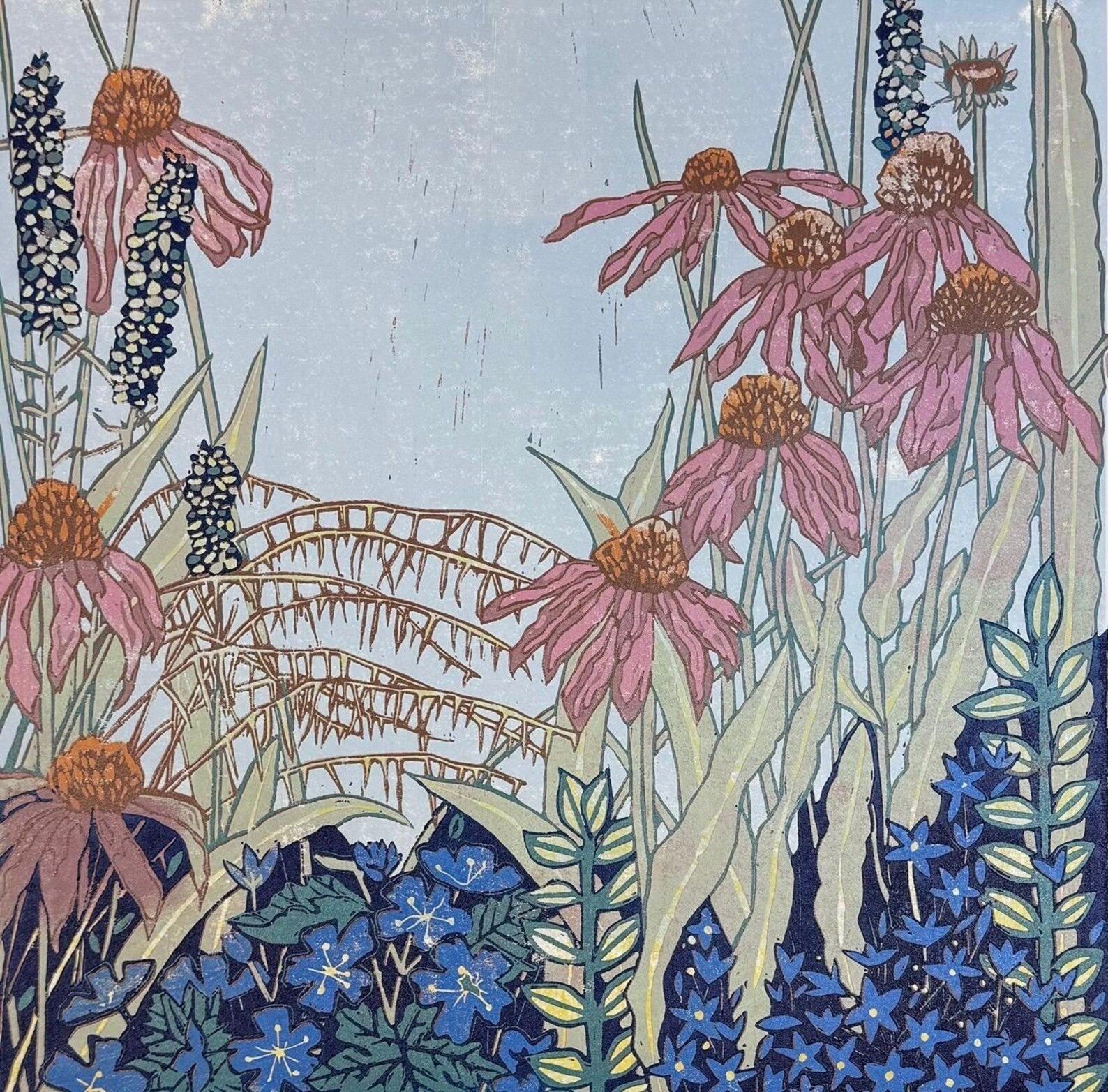 A botanical art print featuring pink coneflowers, blue starflowers, and green leaves under a pale blue sky, rendered in a textured woodcut or linocut style.