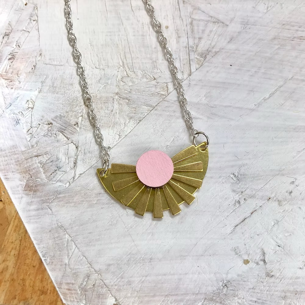 Sunburst Pink Brass Necklace - Red Paper House_Just Makers