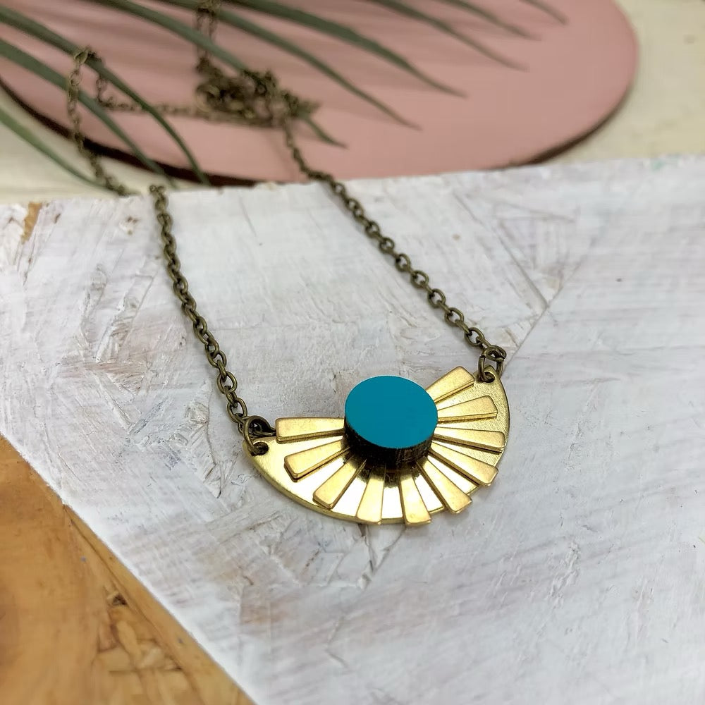 Sunburst Royal Blue Brass Necklace - Red Paper House_Just Makers