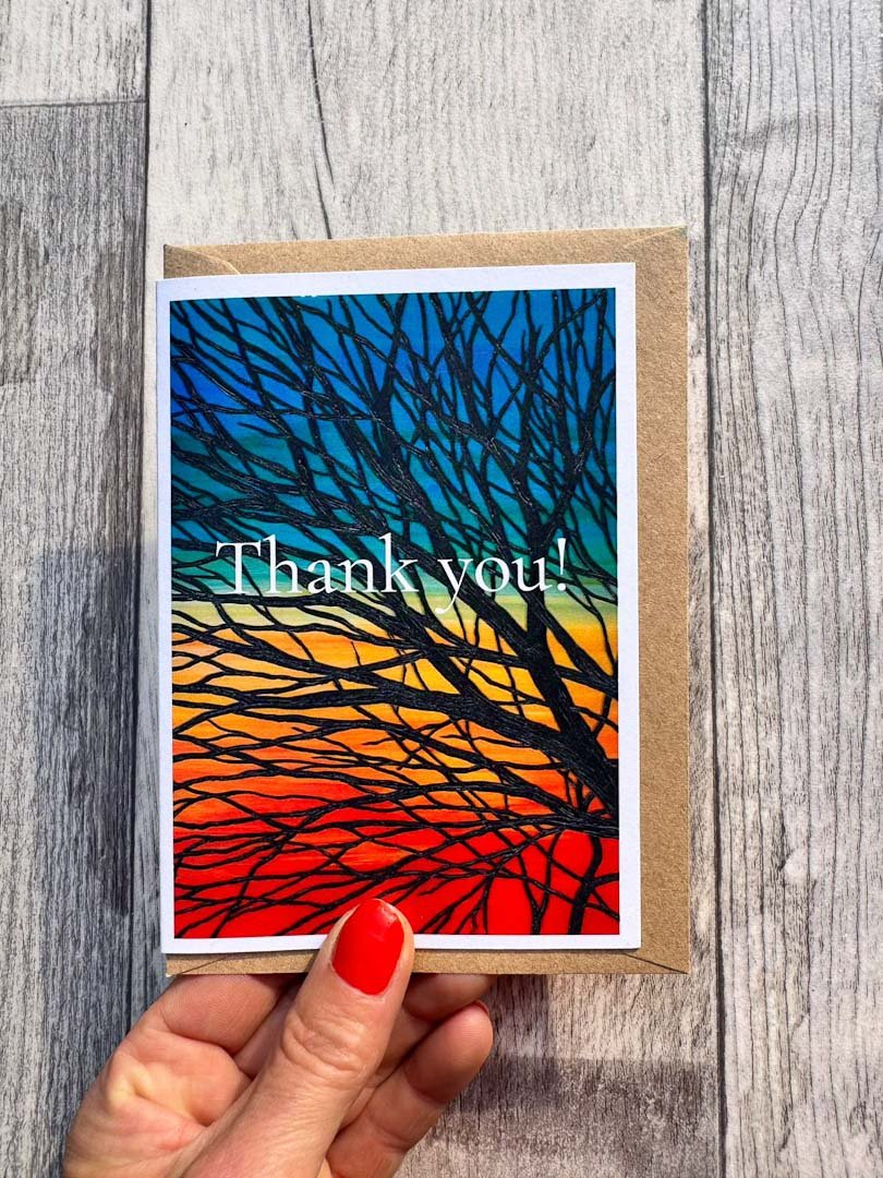 Pack of Six Sunset Tree Thank You Cards by Sarah Jane Nicholls - Just Makers Sarah Jane Nicholls
