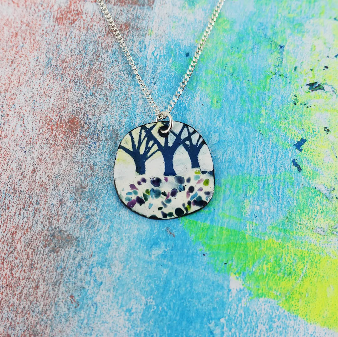Turquoise & White Trees Enamel Copper Disc Pendant Necklace by 830 Degrees