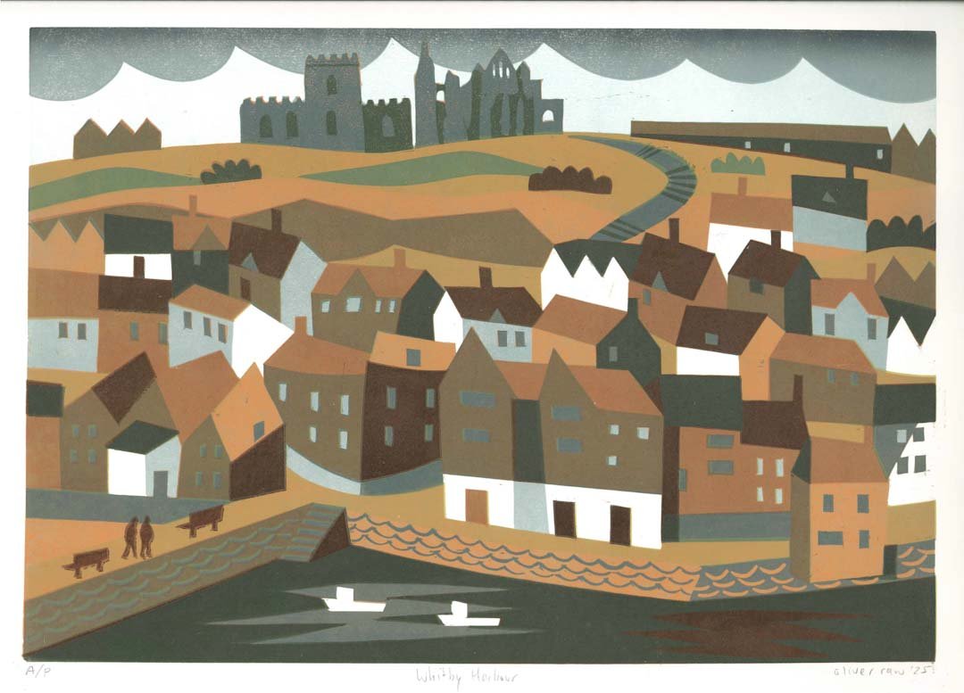 Whitby Harbour Ltd Edition Linocut Print - Oliver Raw - Just Makers Oliver Raw