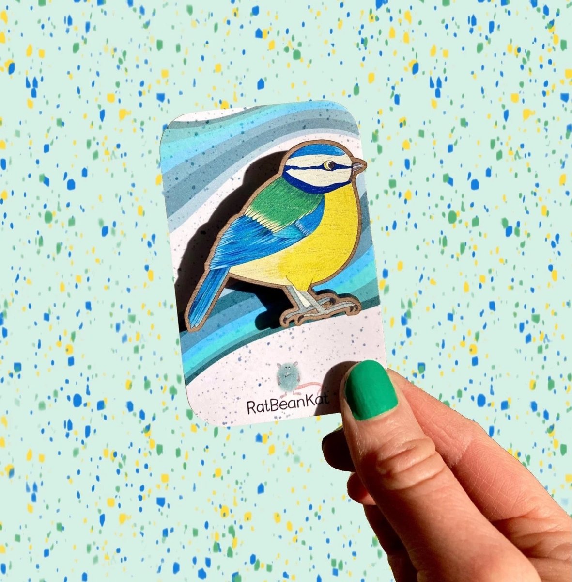 Wooden Blue Tit Brooch - Rat Bean Kat - Just Makers Rat Bean Kat