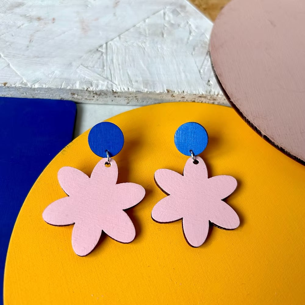 Wooden Flower Stud Pink and Blue Earrings - Red Paper House_Just Makers