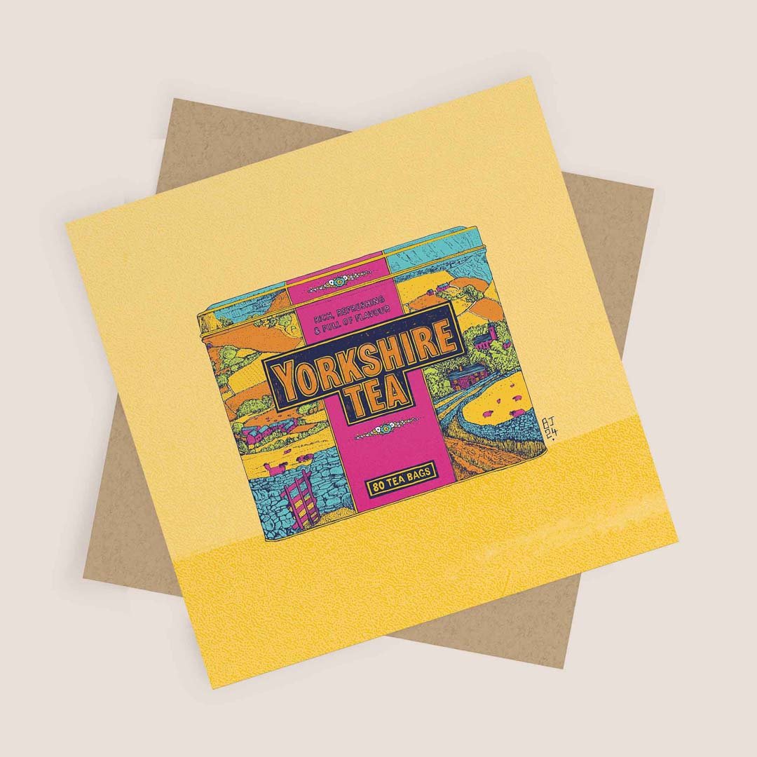 Yorkshire Tea Yellow Greeting Card - Bejojo Art - Just Makers Bejojo Art