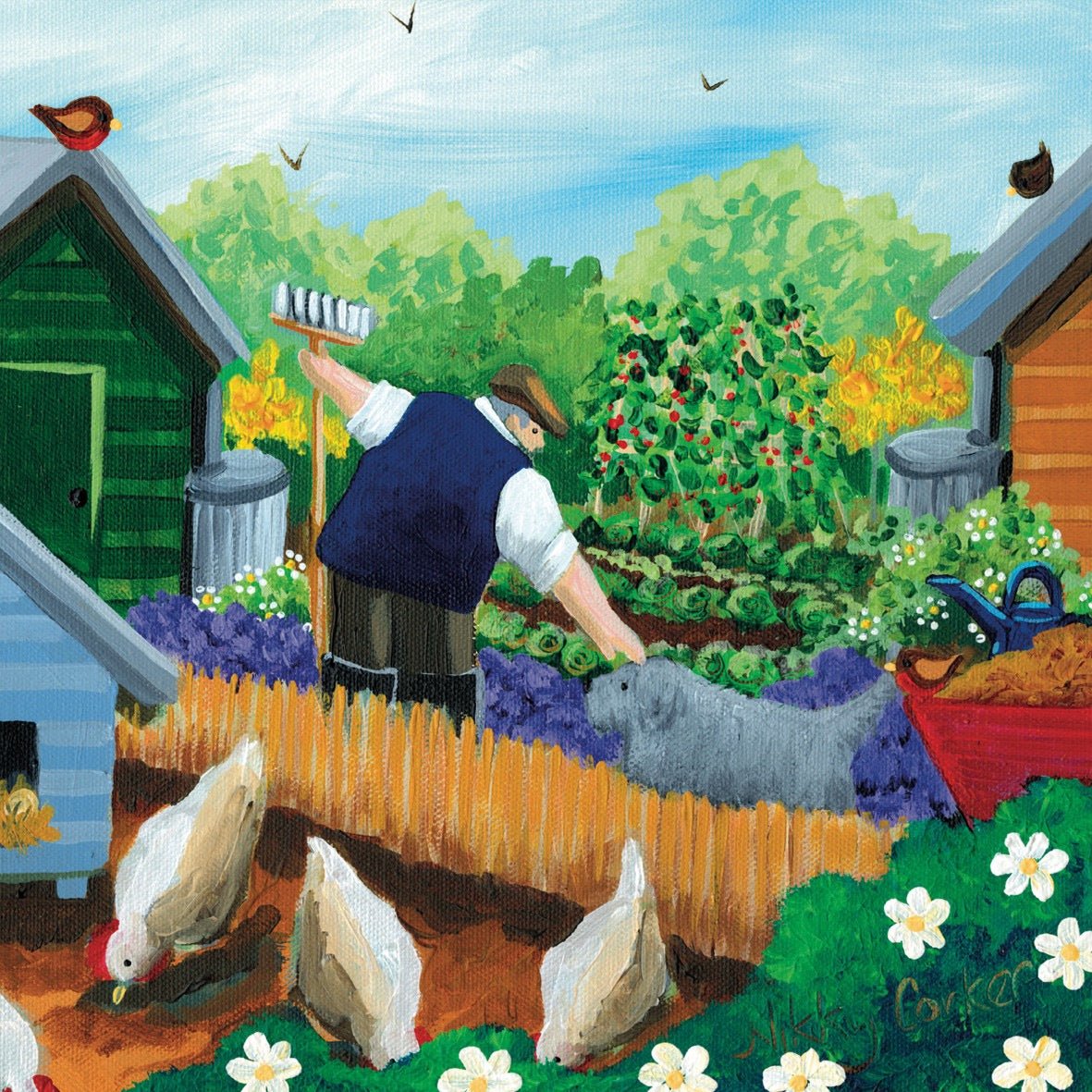 Illustration of a man tending to a garden with chickens and a dog.